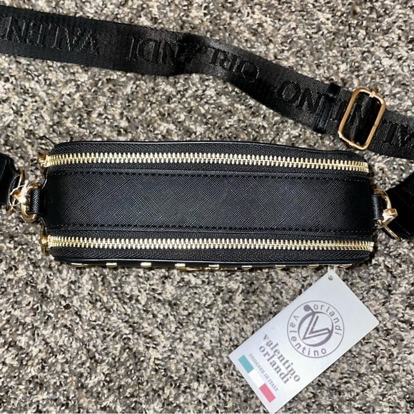 NWT $159 Valentino Orlandi Black Crossbody Bag with Gold Studs and Guitar Strap - Picture 9 of 9